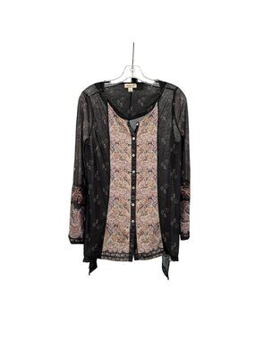 One World Womens Sheer Button Up Top Paisley Black/Multi Size Medium